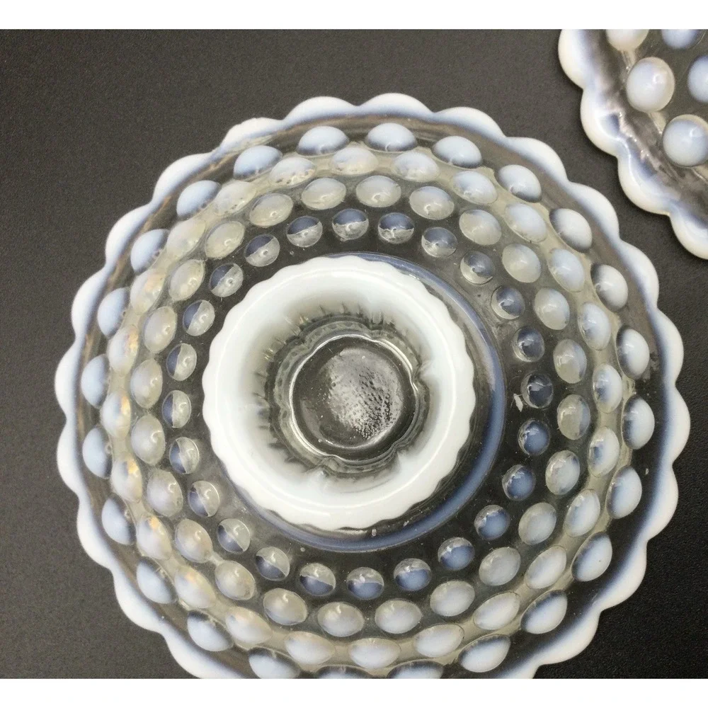 Vintage Anchor Hocking Set 2 White Opalescent Hobnail Moonstone Candle Holders